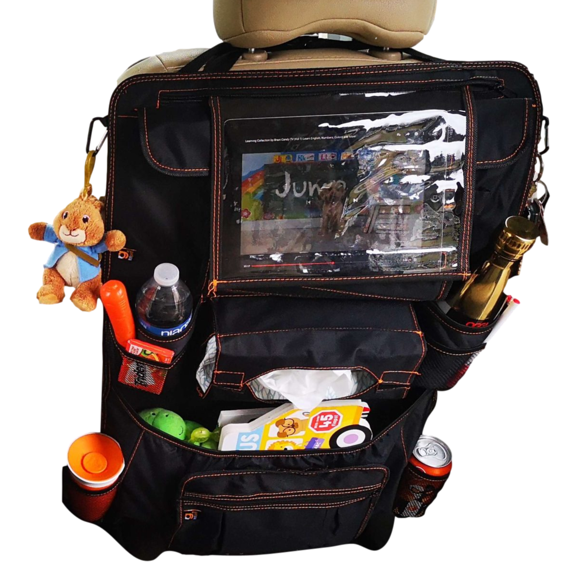 Relgard Car Backseat Organizer installed and filled with a tablet, wipes, bottles, snacks and toys